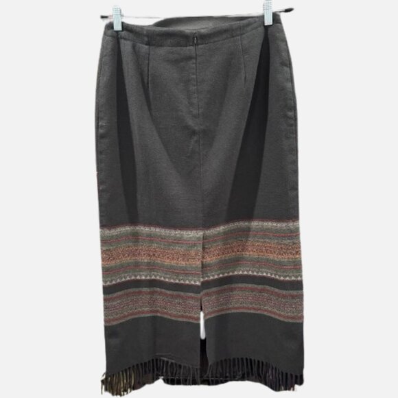 Michele Woven Black Fringe Hem Southwestern Band Pattern Midi Skirt (Size 12) - Picture 2 of 7